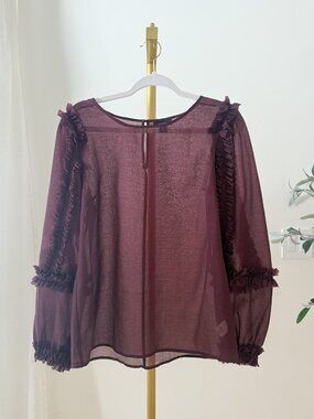 Halogen Sheer Blouse | Burgundy Ruffle Trim Balloon Sleeve | Size M